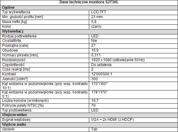 Monitor Acer S273HL z podwietleniem WLED