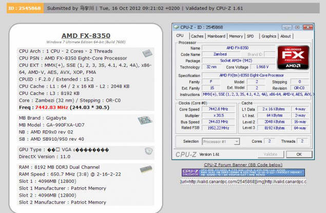 AMD FX-8350 podkrcony do 7442.83 MHz