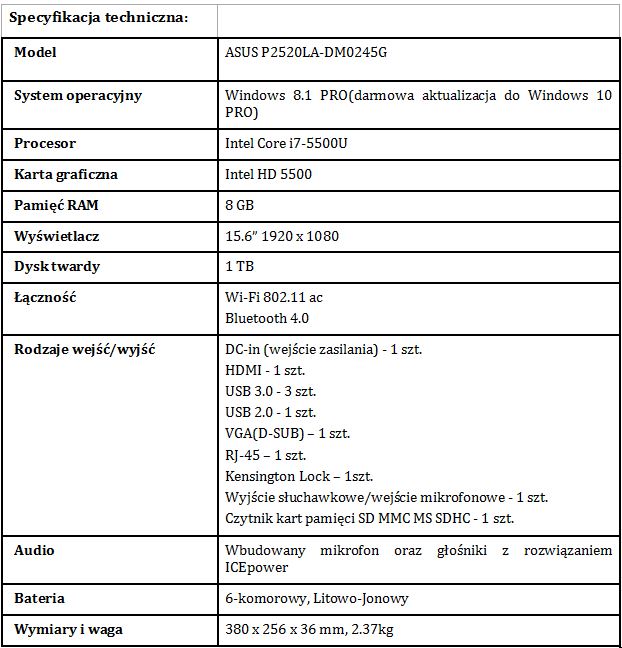 Biznesowy notebook ASUSPRO P2520