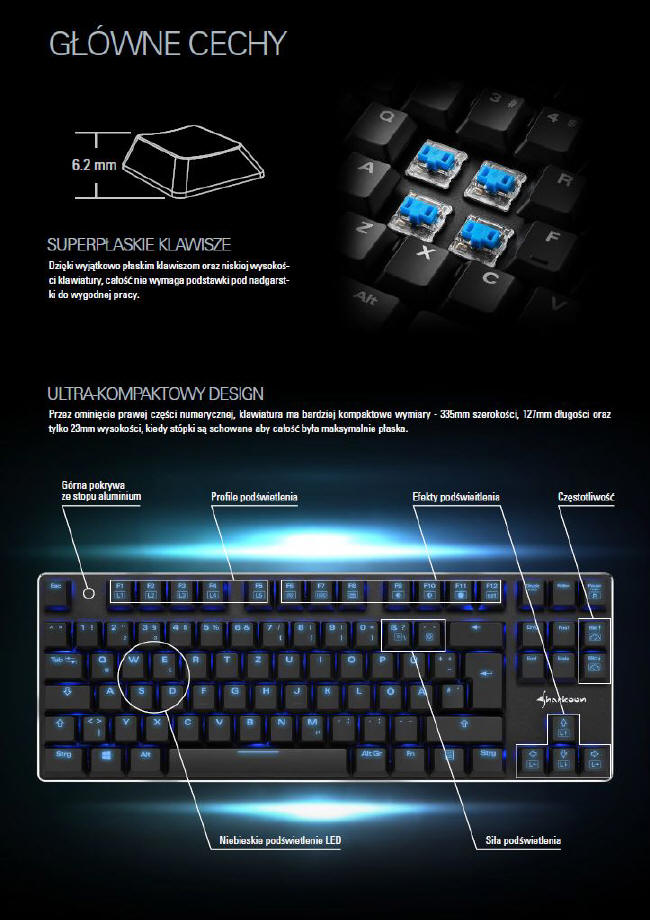 Sharkoon PureWriter TKL - niskoprofilowa, cicha klawiatura mechaniczna