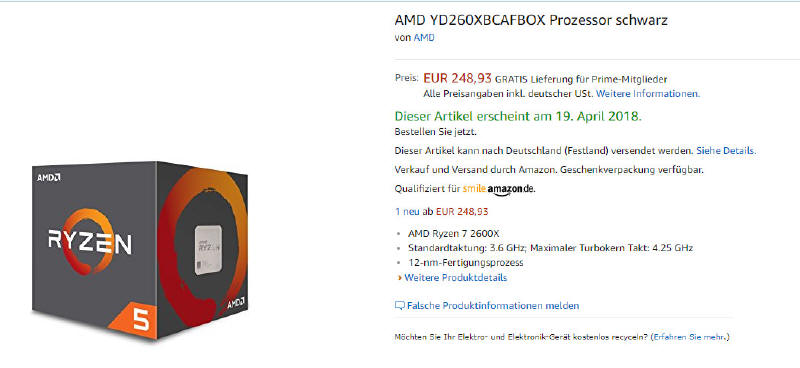 AMD Ryzen 5 2600X na Amazonie