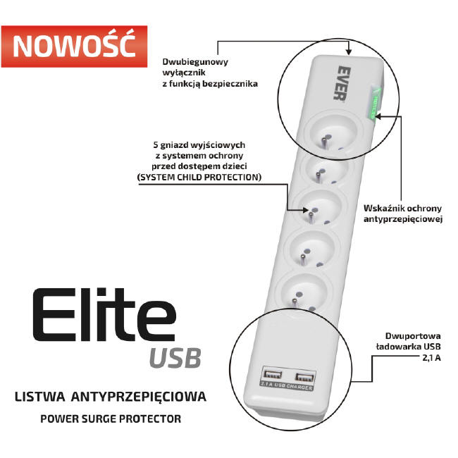 EVER ELITE USB - praktyczna listwa antyprzepiciowa