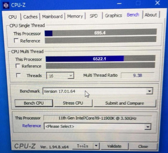 Intel Core i9-11900K w tecie CPU-Z
