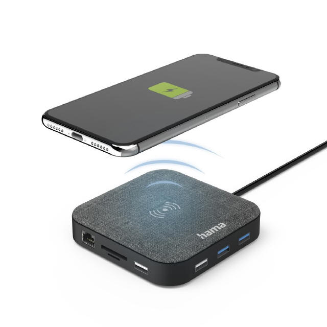 Multiport Hama USB-C z 12 gniazdami i wbudowaną ładowarką indukcyjną