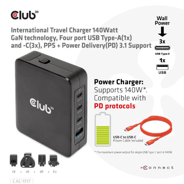 Club 3D CAC-1917 International Travel Charger 140W GaN