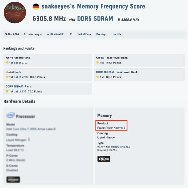 Pamięć Patriot Viper Xtreme 5 DDR5 osiąga 6305.8 MHz